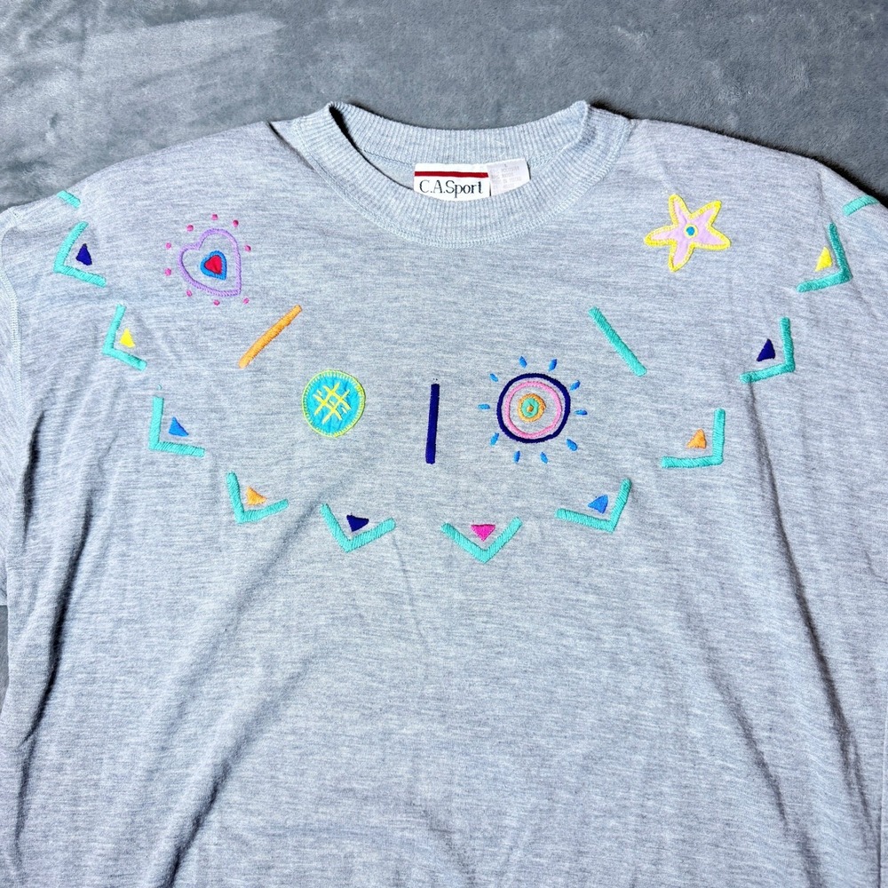 Vintage CA Sport Womens Large Gray Embroidered Shirt 80s 90s Long Sleeve - Picture 3 of 9